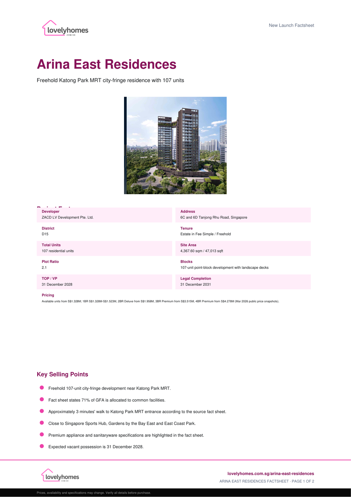 Arina East Residences factsheet page 1 preview