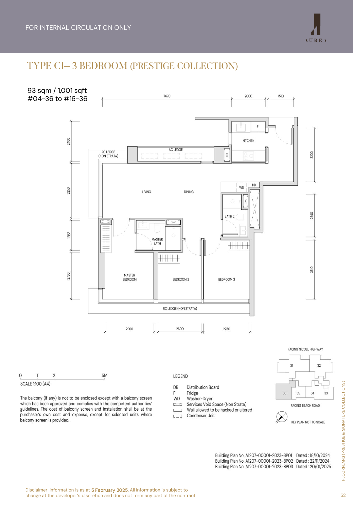 Aurea Type C1 3-Bedroom floor plan — 1,001 sqft