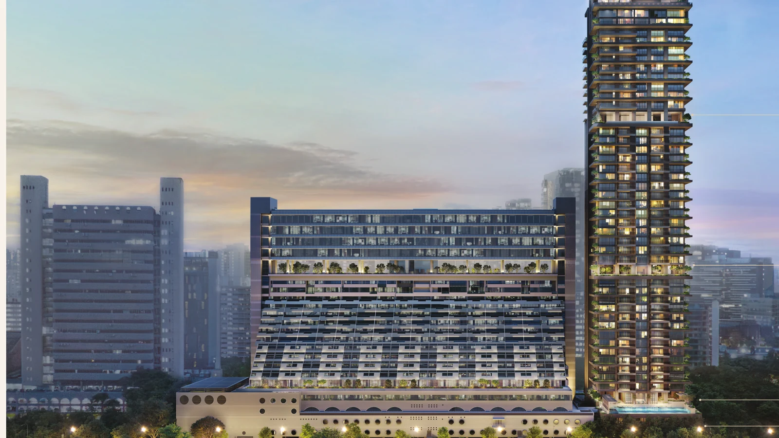 Aurea at Golden Mile twilight exterior — tower and conserved podium, Beach Road District 7