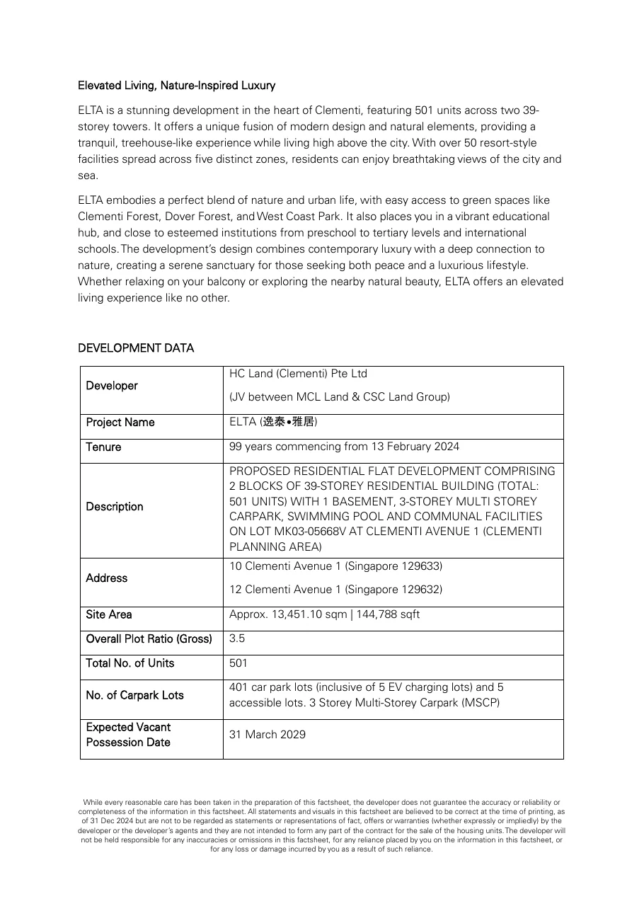 ELTA Clementi unit mix table page