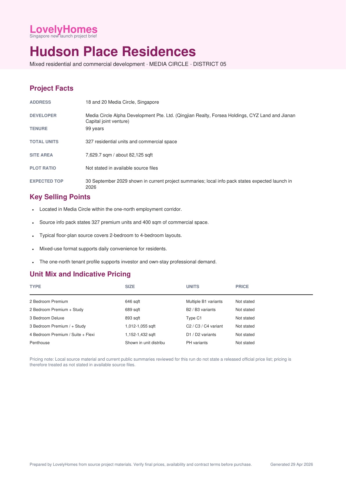 Hudson Place Residences factsheet preview