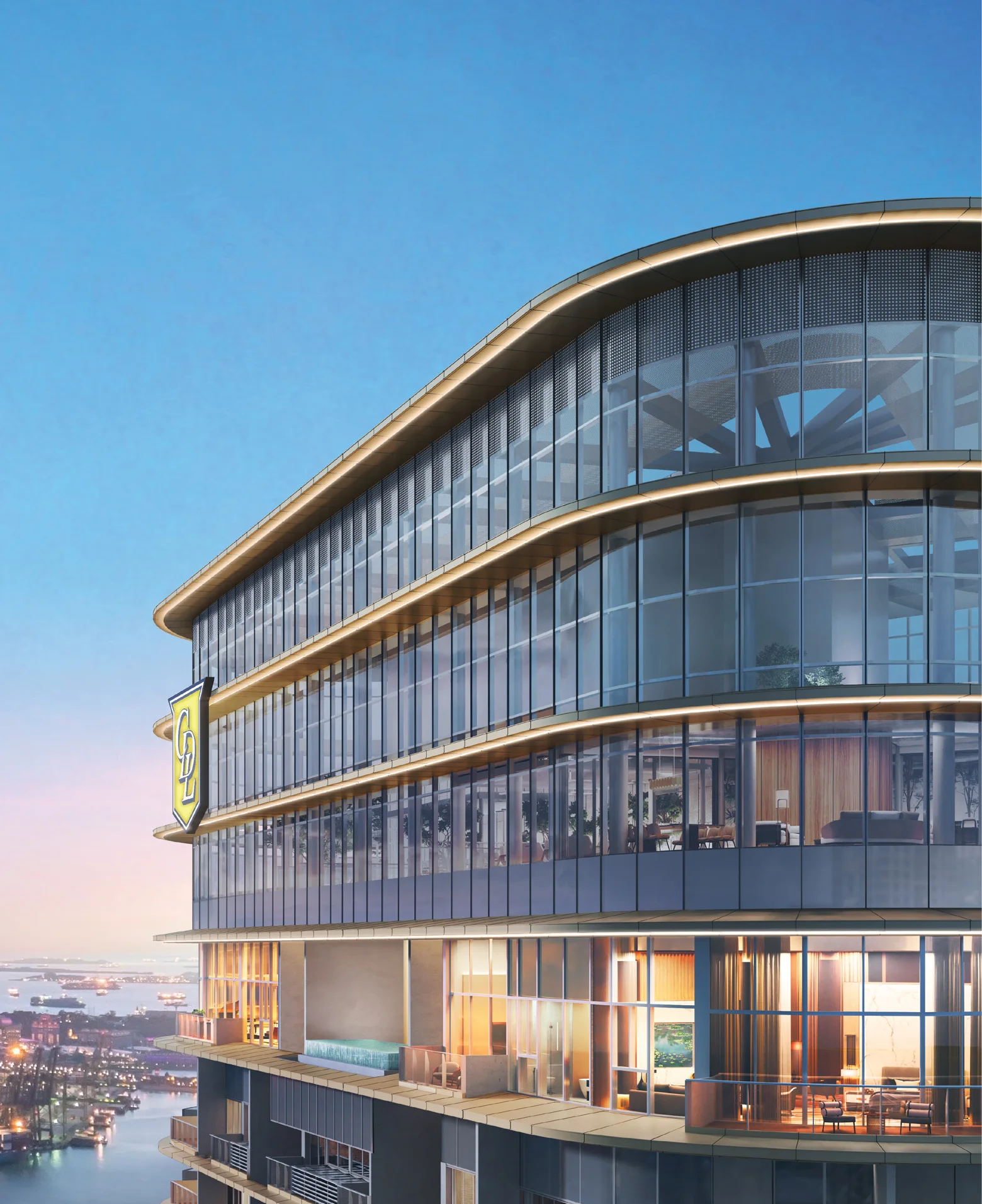 Newport Residences — facade detail with Tanjong Pagar skyline at twilight