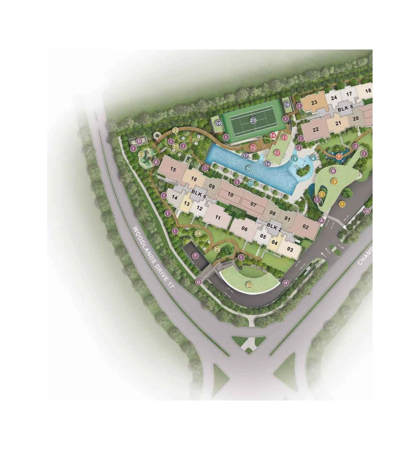 Norwood Grand site plan showing block layout, facilities and landscaped pool deck