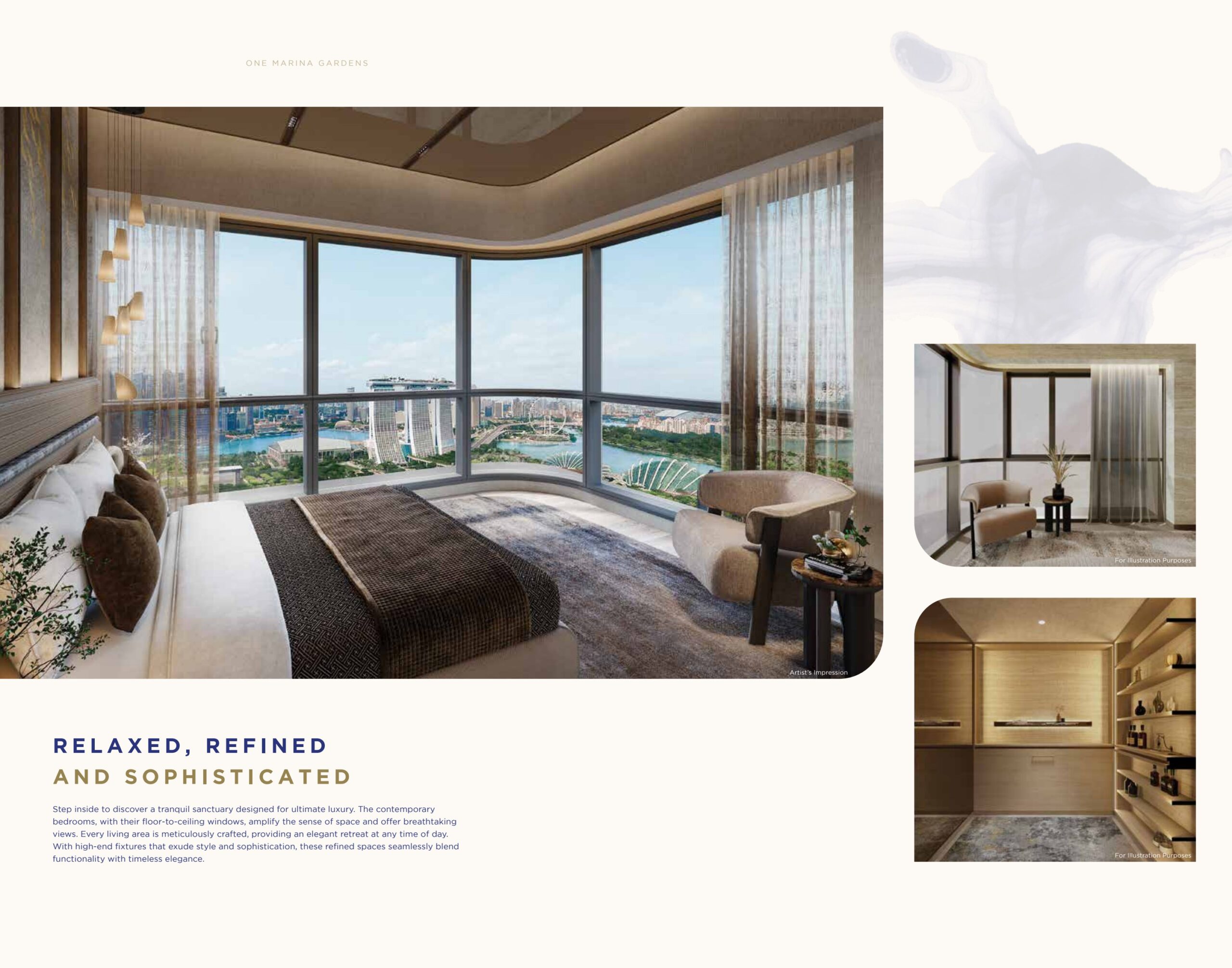 One Marina Gardens bedroom interior with Marina Bay view
