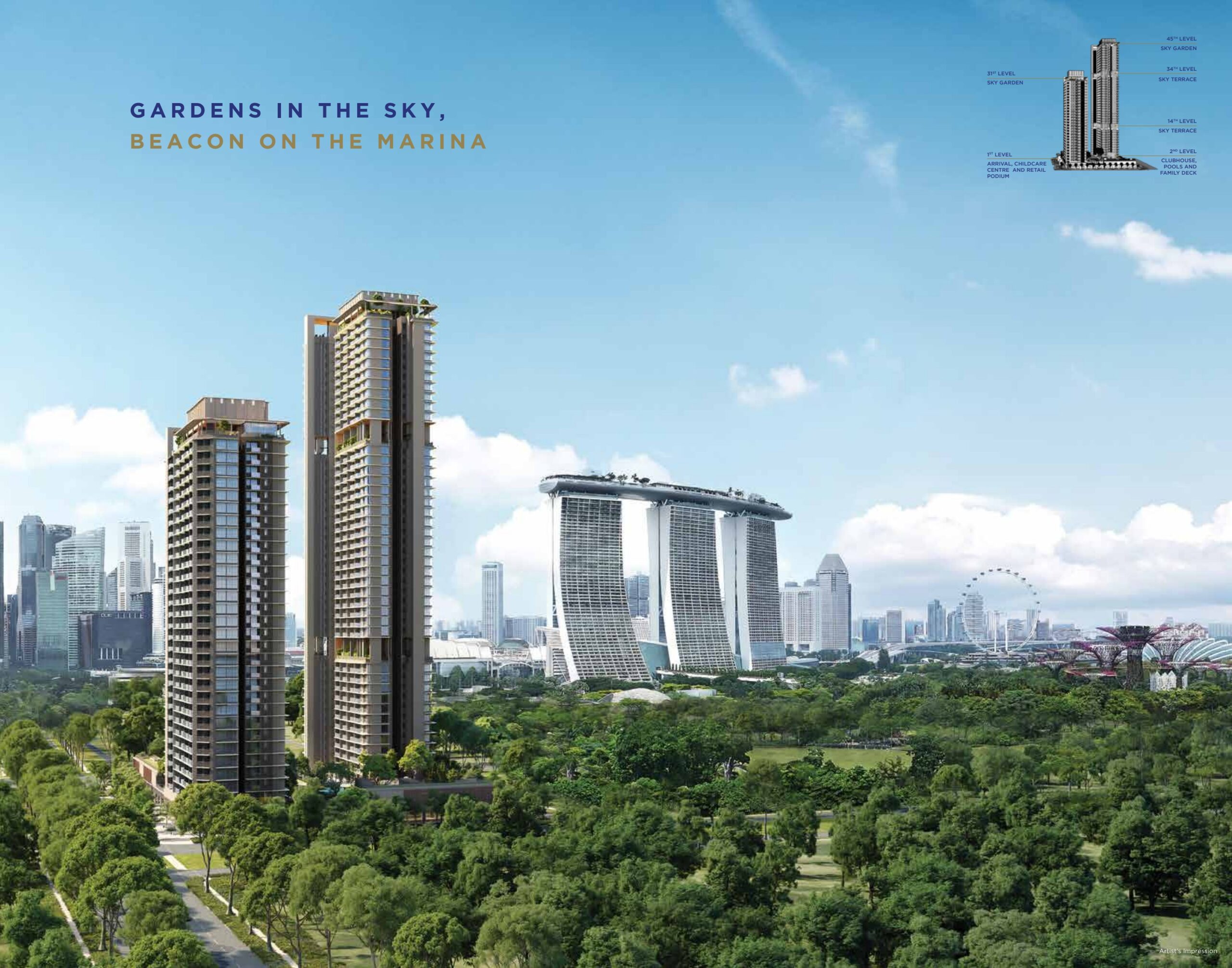 One Marina Gardens twin towers with Marina Bay Sands and Gardens by the Bay in the backdrop