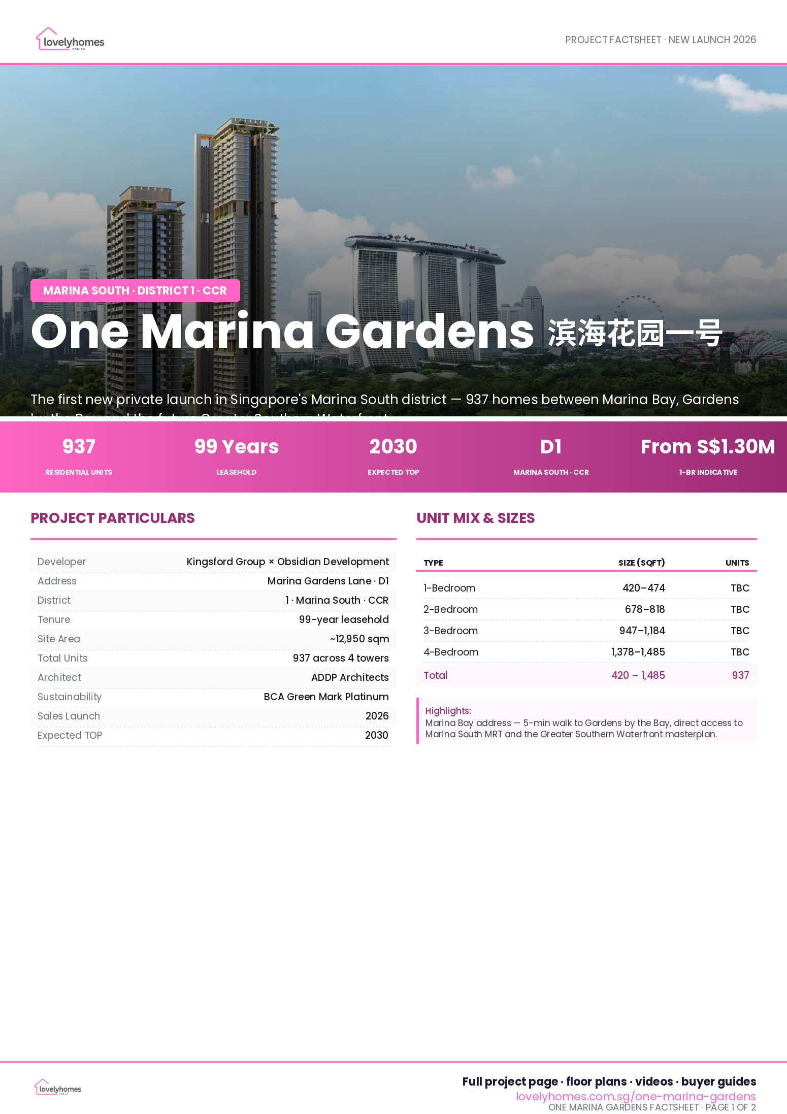 One Marina Gardens factsheet page 1