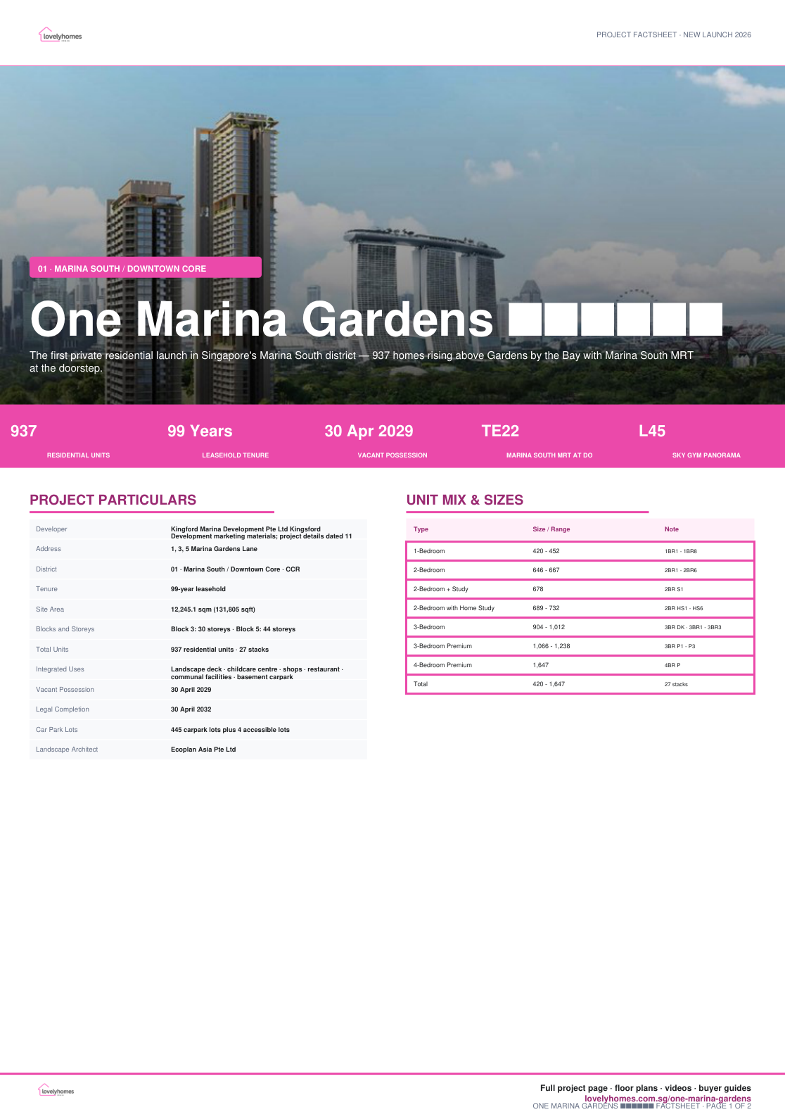 One Marina Gardens 滨海花园一号 factsheet page 1