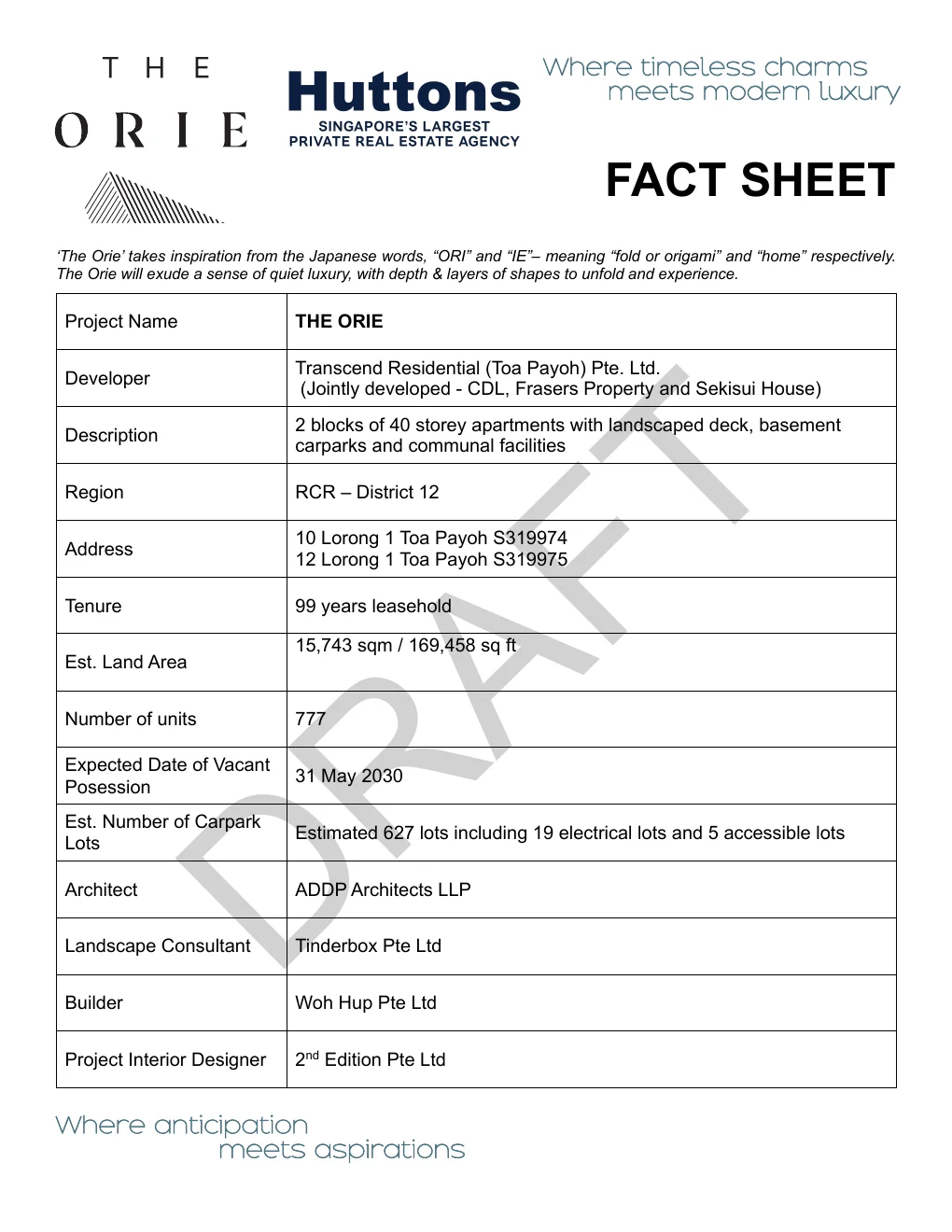 THE ORIE fact sheet page 1 — developer details tenure land area and unit count