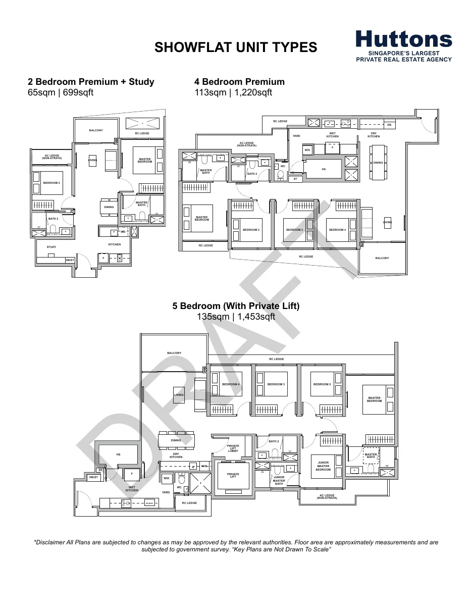 THE ORIE showflat floor plans 2-bedroom premium, 4-bedroom premium and 5-bedroom private lift