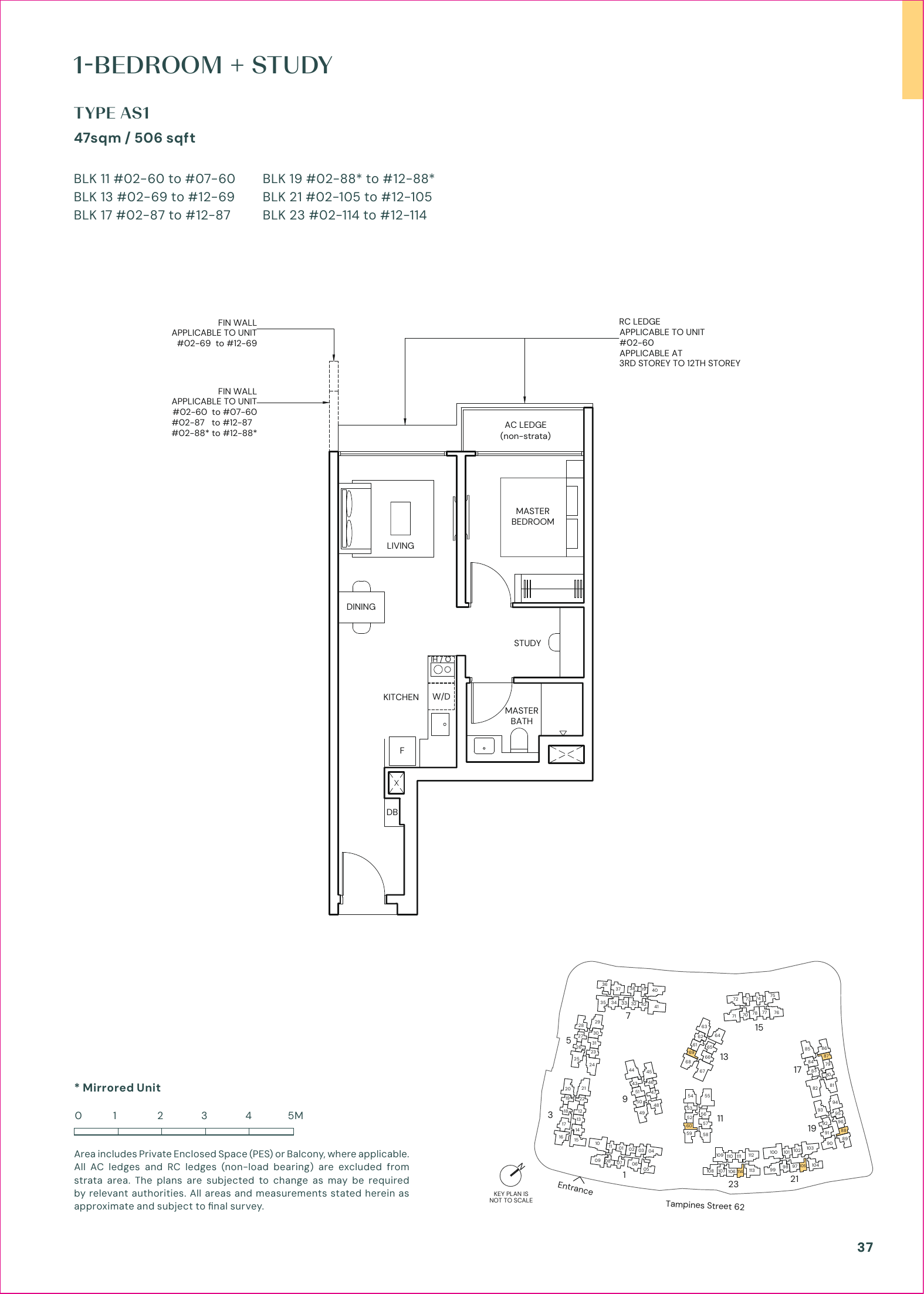 Parktown Residence typical 1 bedroom plus study floor plan