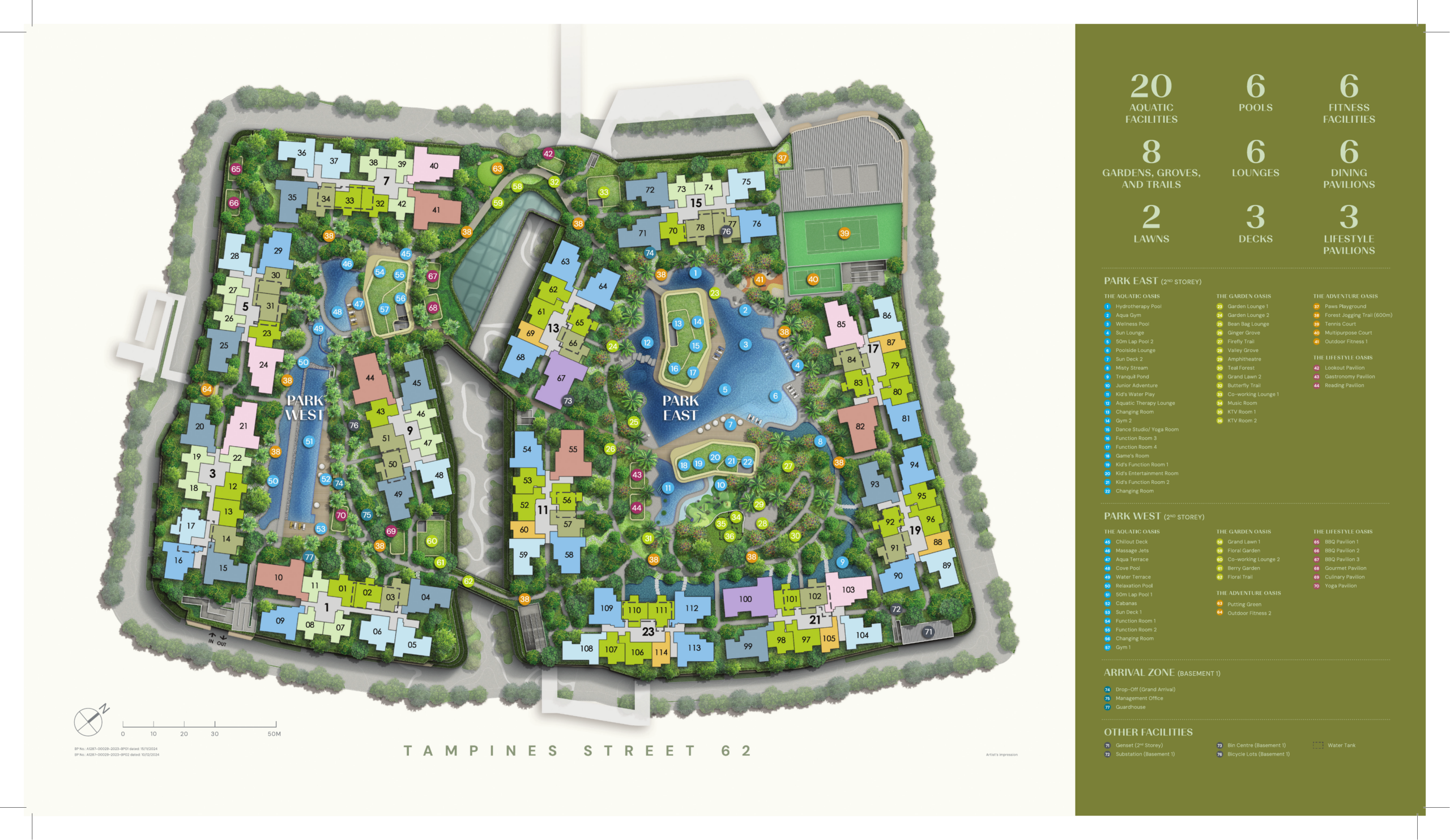 Parktown Residence Tampines North site plan showing 8 residential blocks, retail podium, MRT, bus interchange, community club and hawker centre