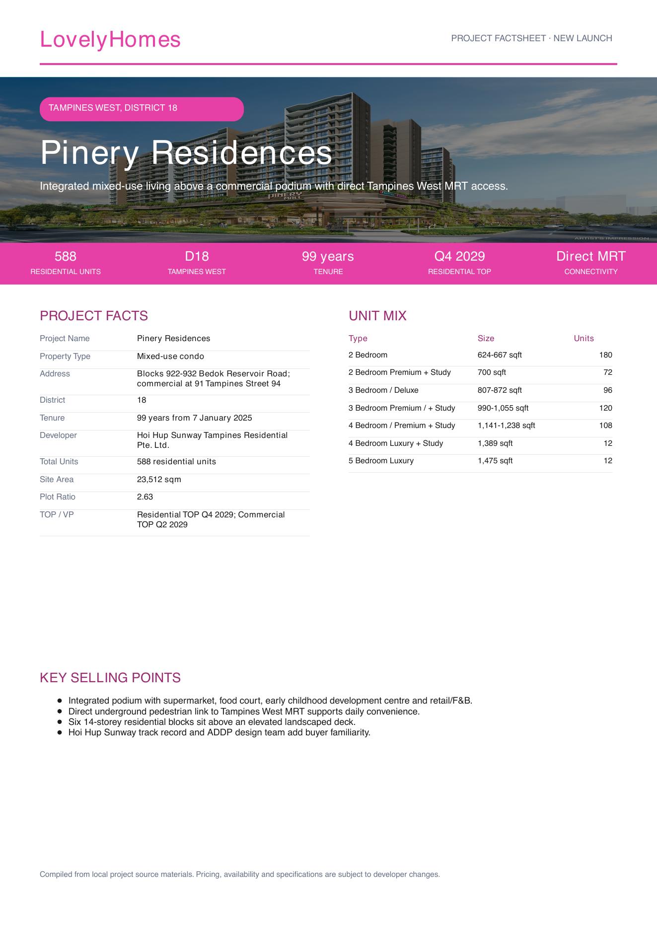 Pinery Residences LovelyHomes factsheet page 1