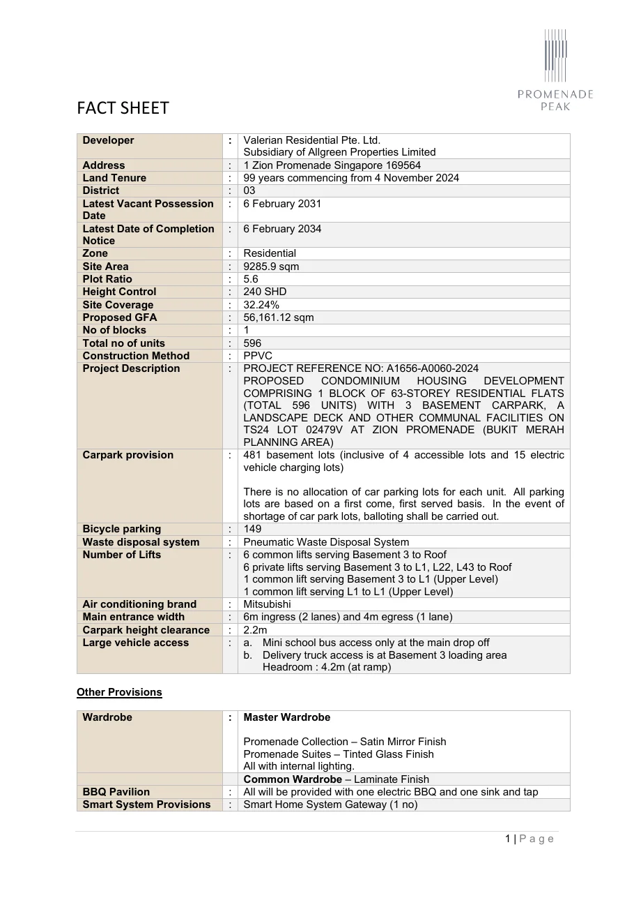 Promenade Peak fact sheet page 1 — developer, tenure, GFA and unit count