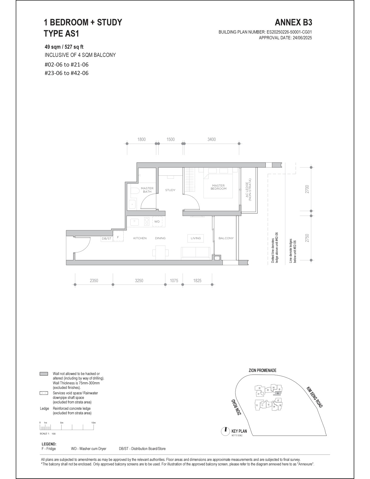 Promenade Peak 1 Bedroom + Study Type AS1 · 527 sqft floor plan