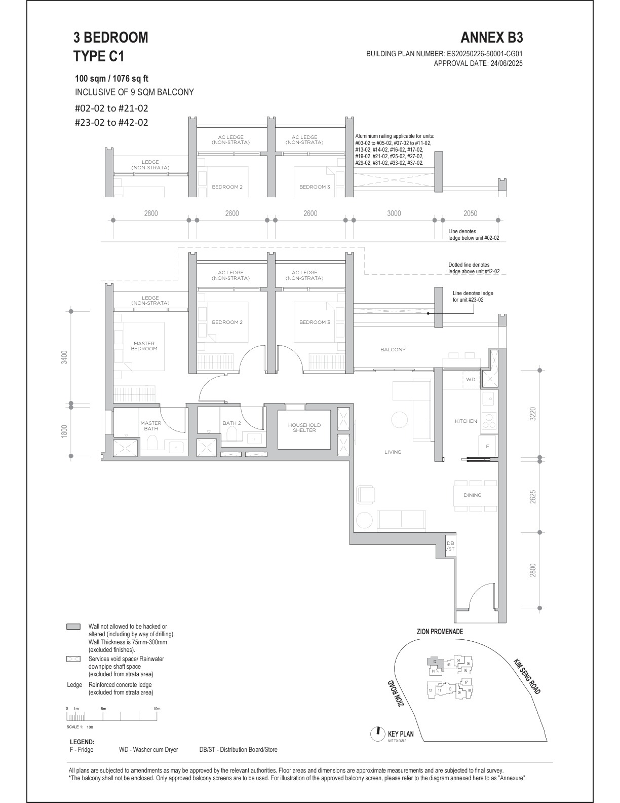 Promenade Peak 3 Bedroom Type C1 · 1,076 sqft floor plan