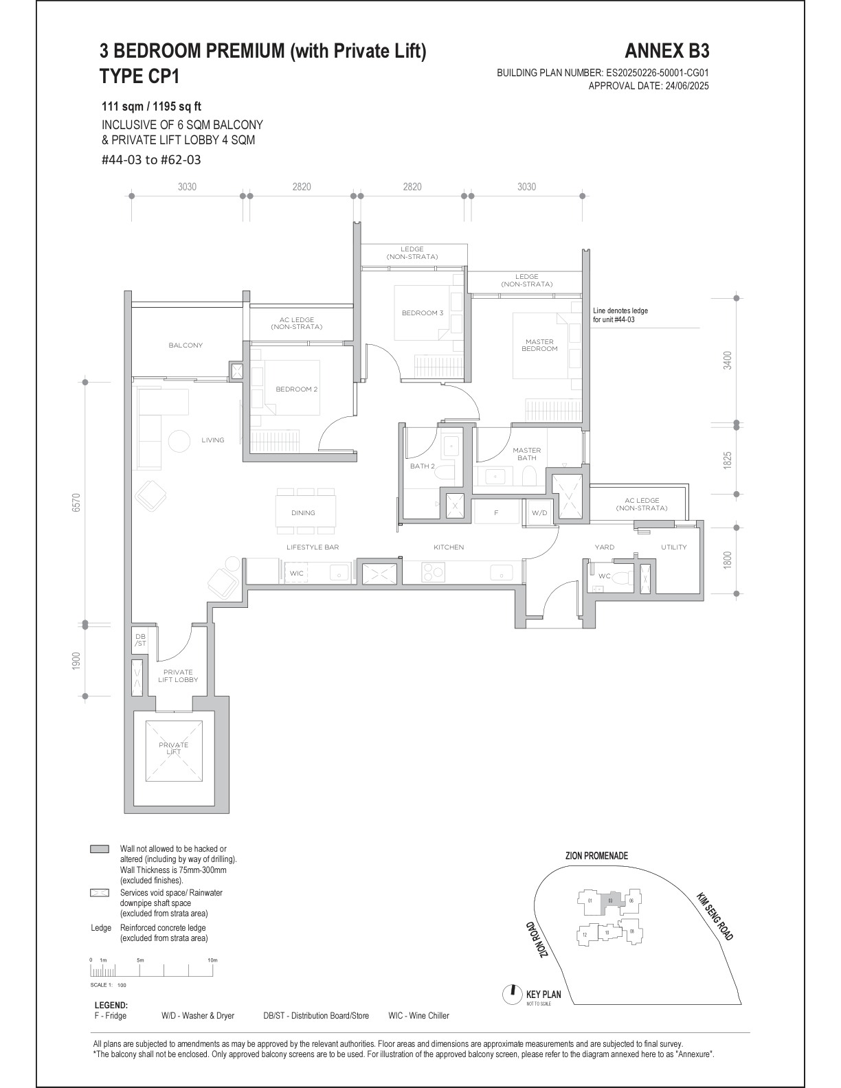 Promenade Peak 3 Bedroom Premium Type CP1 · 1,195 sqft floor plan