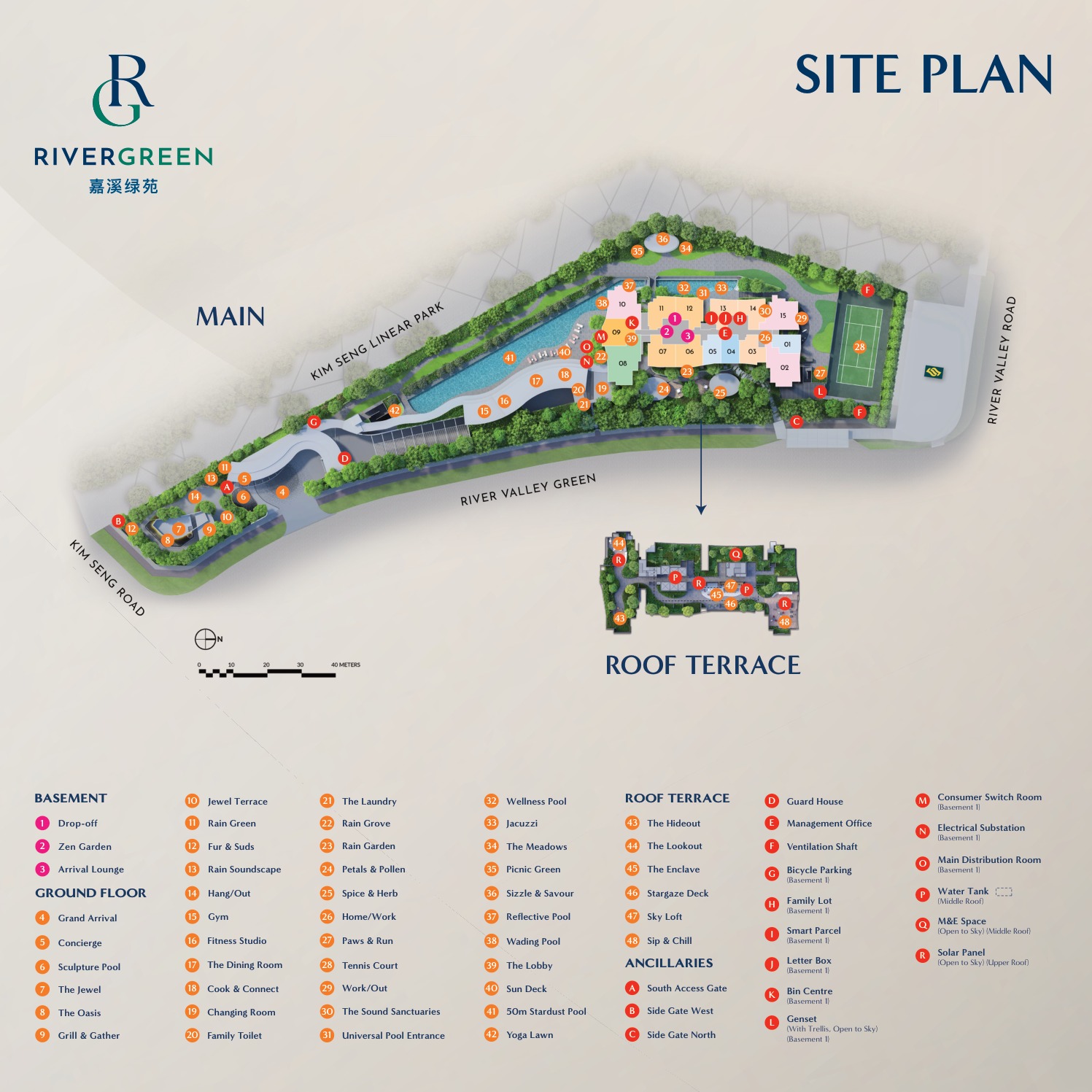 River Green actual site plan with main deck and roof terrace facilities
