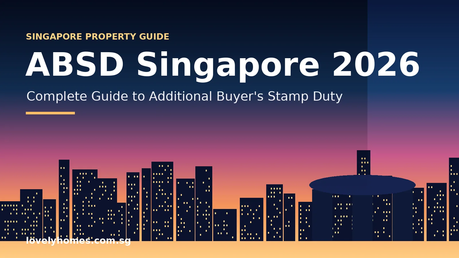 ABSD Singapore 2026 complete guide — Marina Bay skyline at sunset with lovelyhomes.com.sg branding