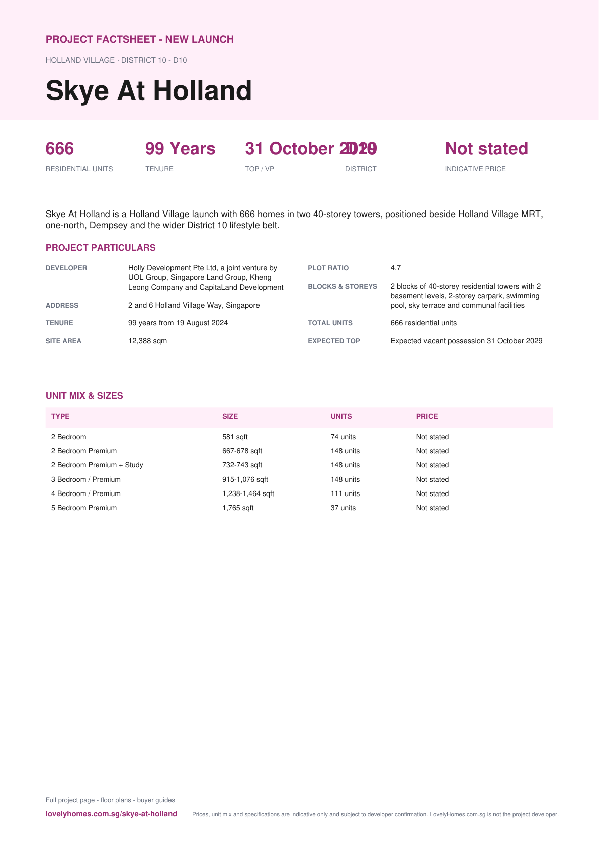 Skye At Holland factsheet page 1
