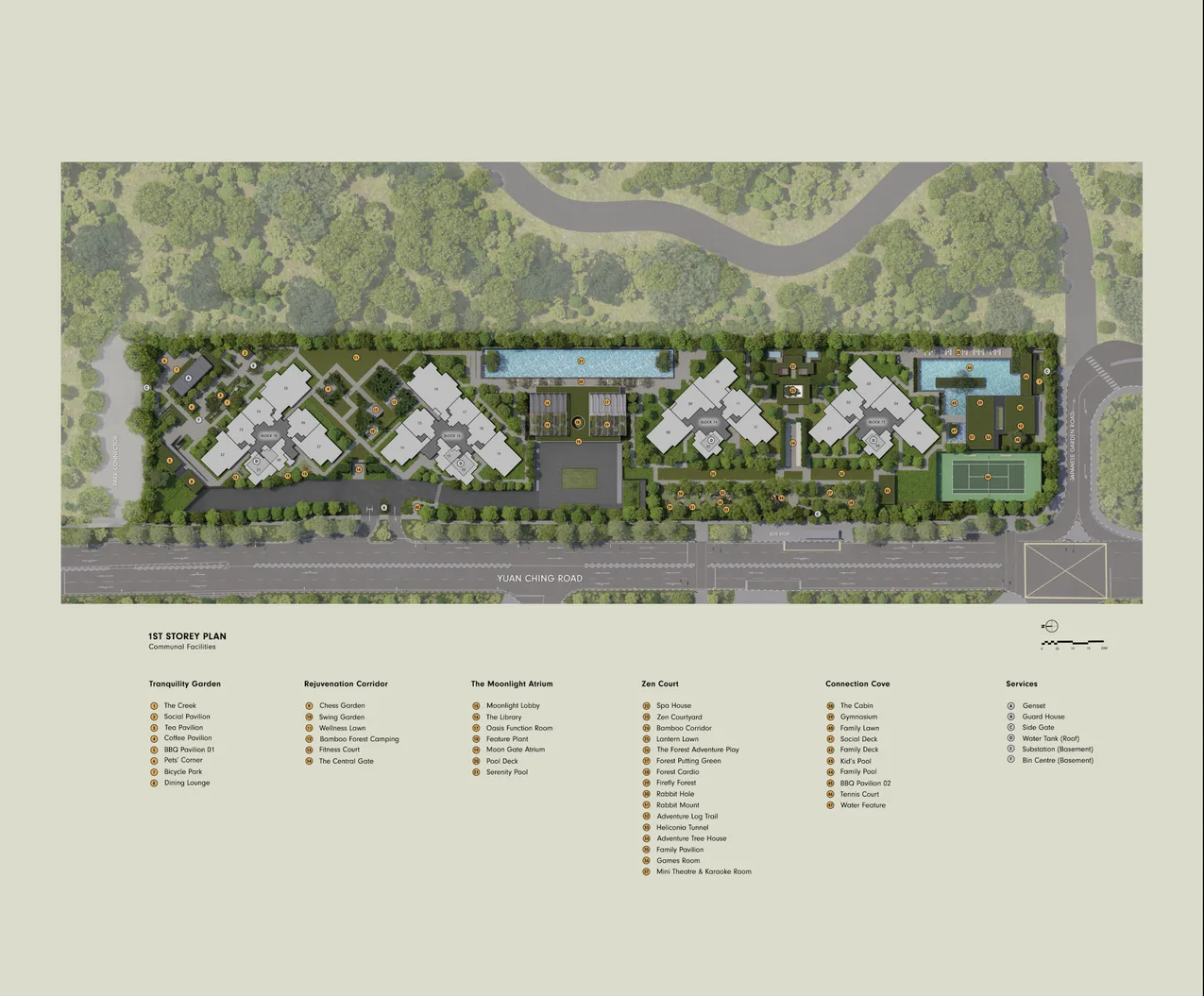 SORA EC Singapore site plan showing 4 residential blocks at Yuan Ching Road Jurong Lake District with pool and landscape