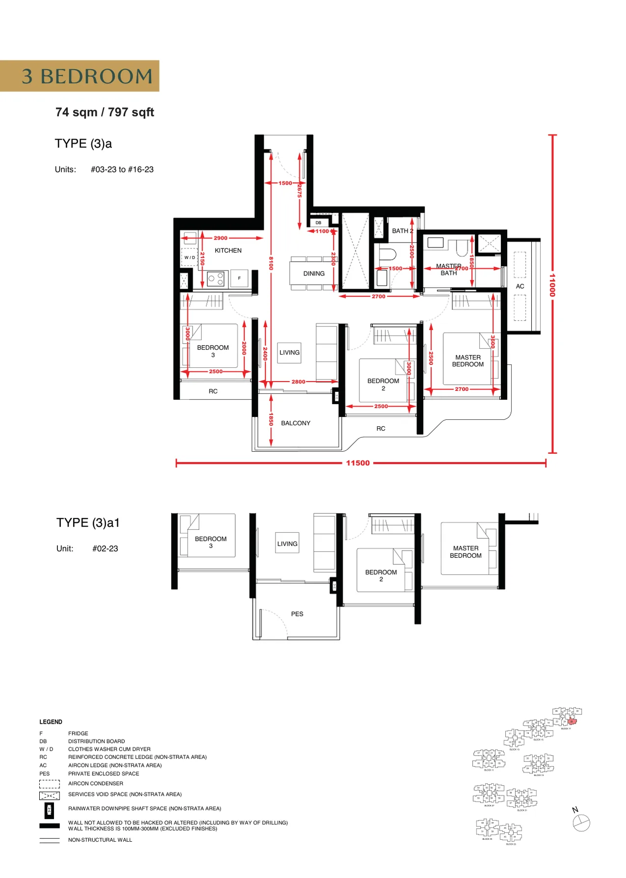 Tengah Garden Residences 3 Bedroom floor plan — 795–1,033 sqft