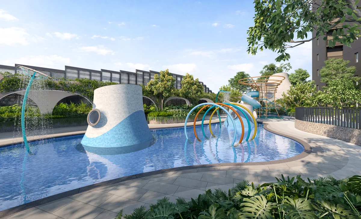 Tengah Garden Residences waterfront and pond render — artist's impression