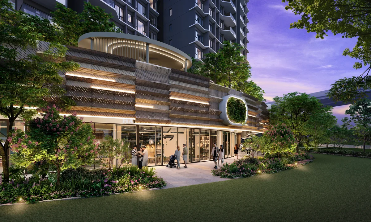Tengah Garden Residences evening streetscape render — artist's impression
