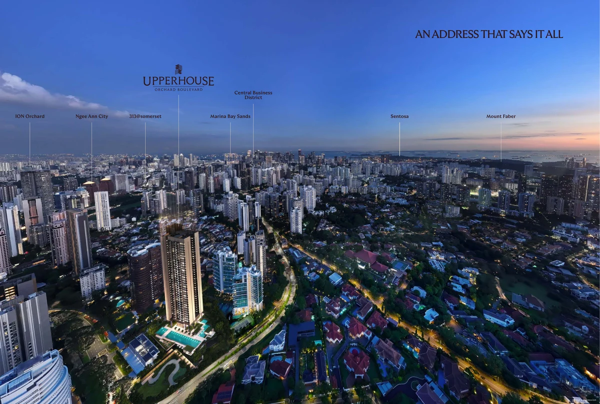 UPPERHOUSE at Orchard Boulevard location aerial view showing proximity to Orchard MRT, Newton MRT, and Botanic Gardens