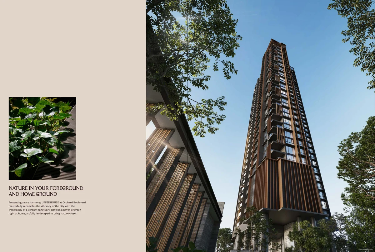 UPPERHOUSE tower facade and lush greenery from street level
