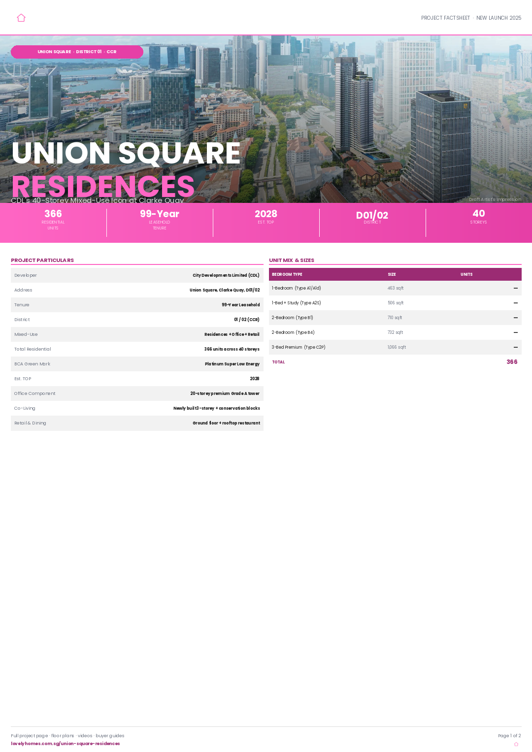 Union Square Residences LovelyHomes factsheet page 1 project details unit mix CDL