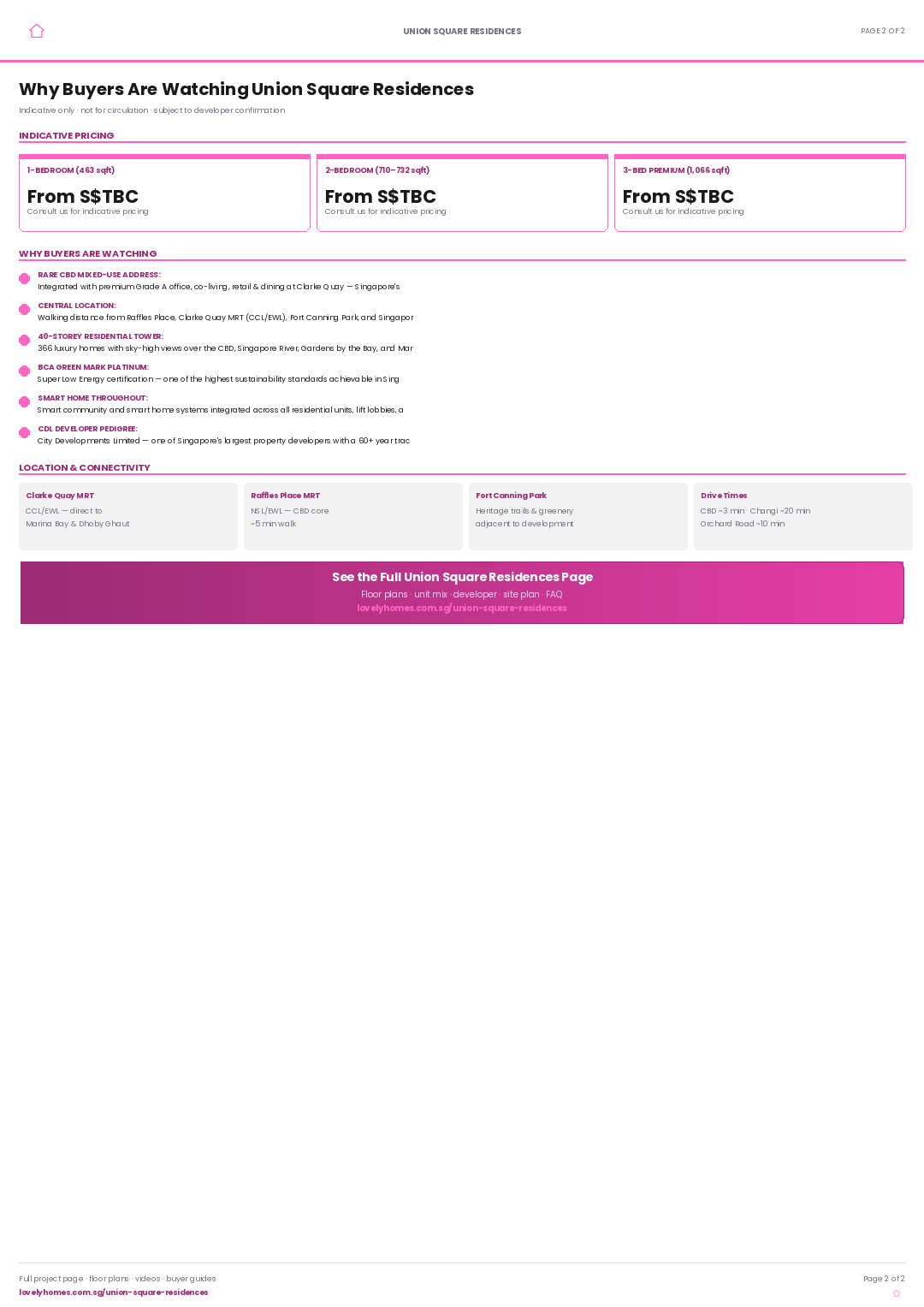 Union Square Residences LovelyHomes factsheet page 2 pricing highlights connectivity