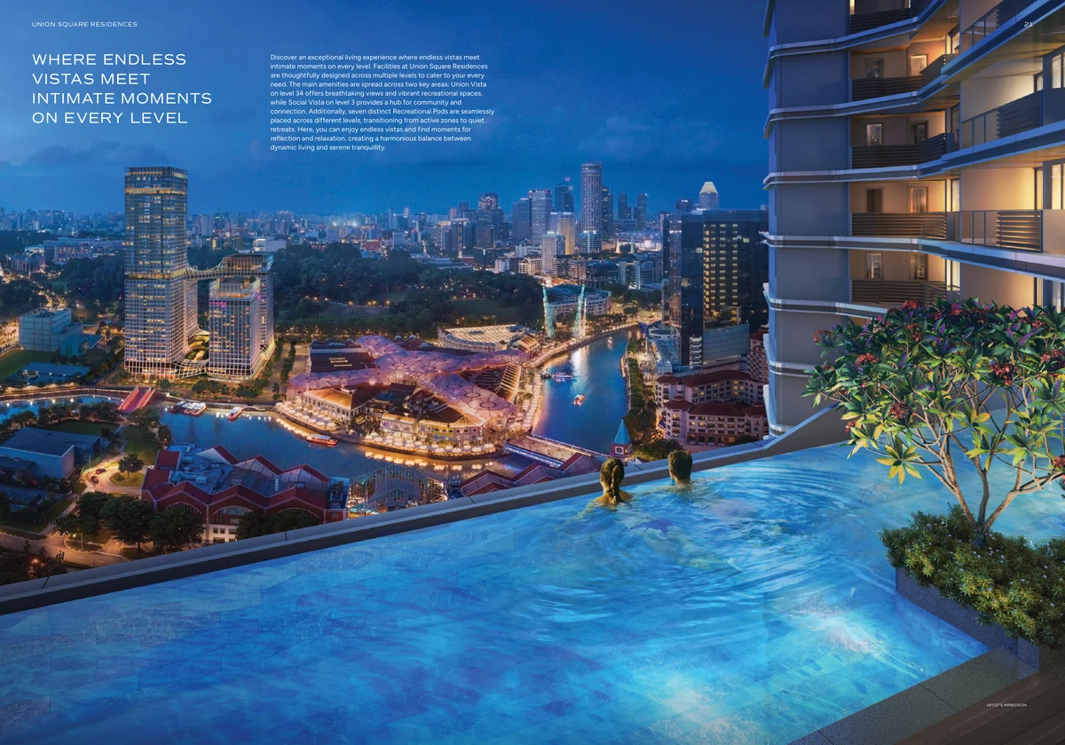 Union Square Residences infinity pool with Clarke Quay night view