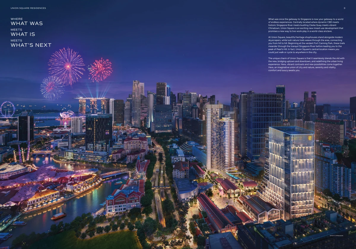 Union Square Residences night aerial fireworks view Singapore CBD
