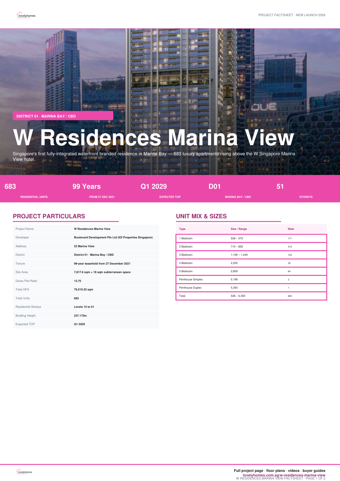 W Residences Marina View factsheet page 1