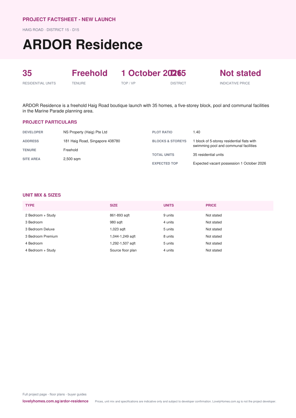 ARDOR Residence factsheet page 1