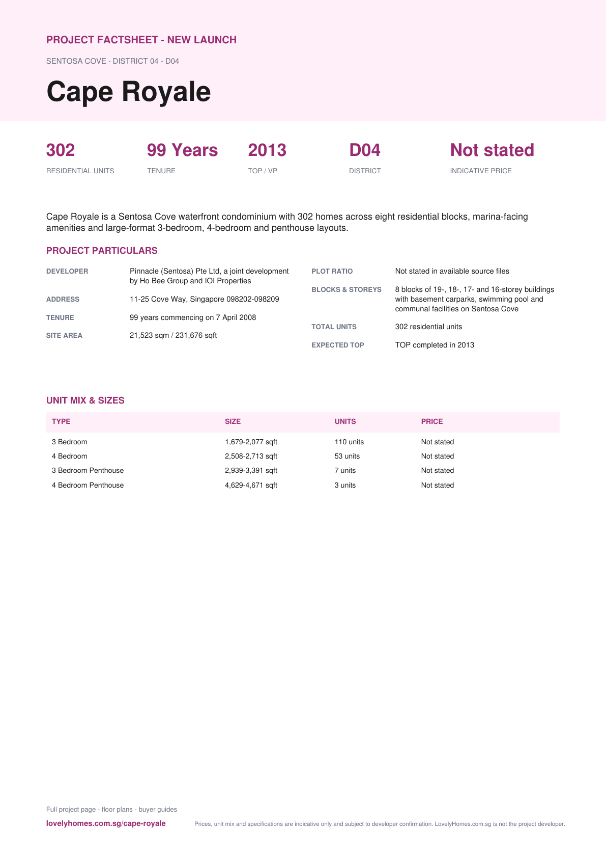 Cape Royale factsheet page 1
