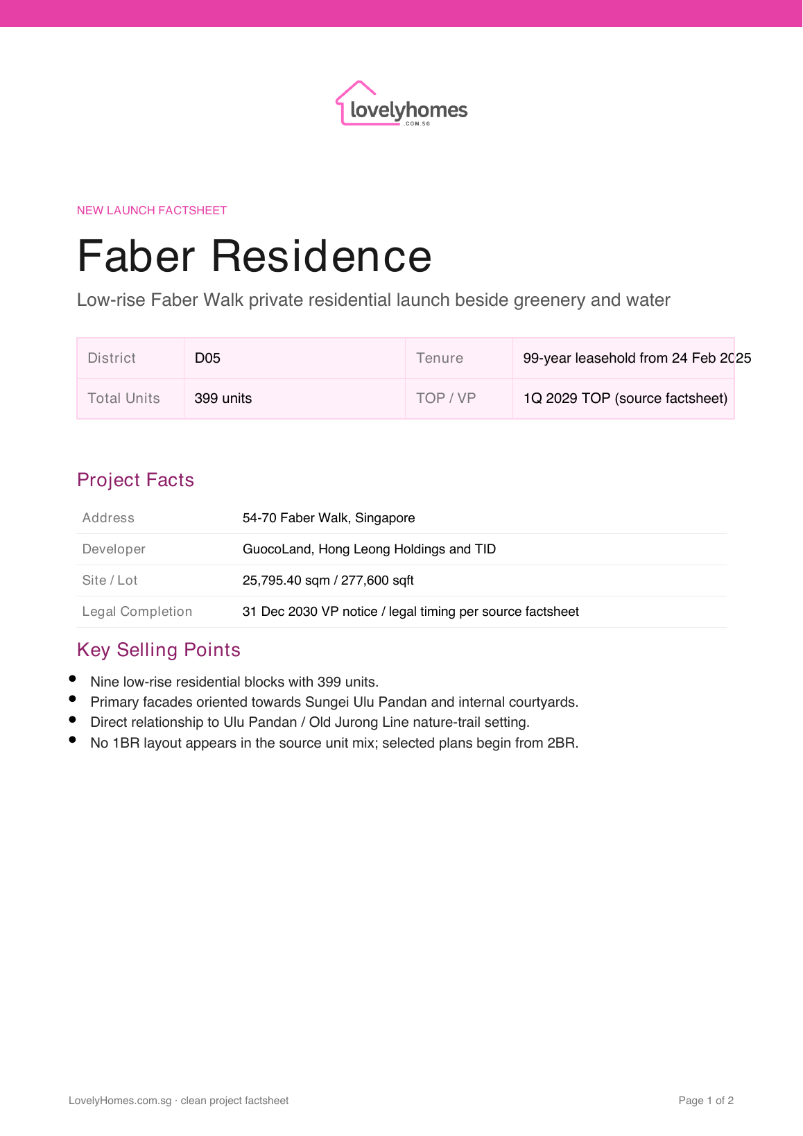 Faber Residence LovelyHomes factsheet page 1