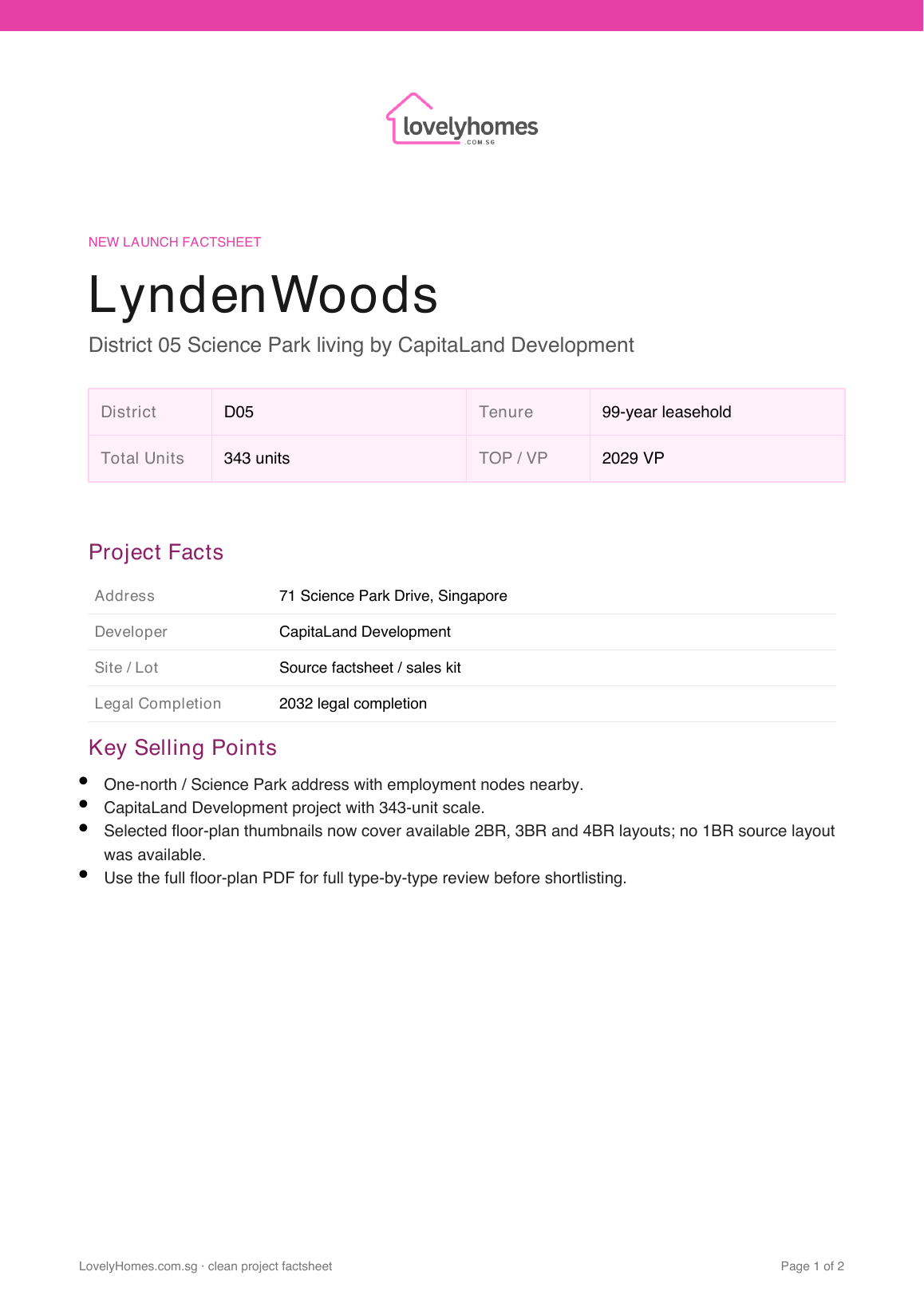 LyndenWoods LovelyHomes factsheet page 1