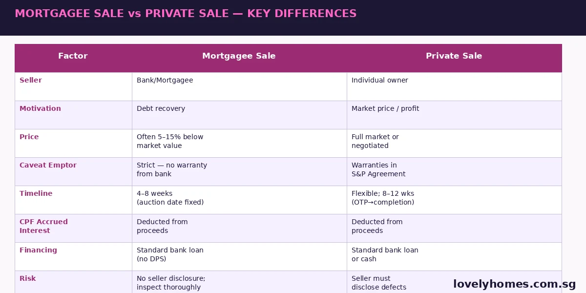 Mortgagee sale vs private sale Singapore 2026 comparison — price, caveat emptor, timeline, risk