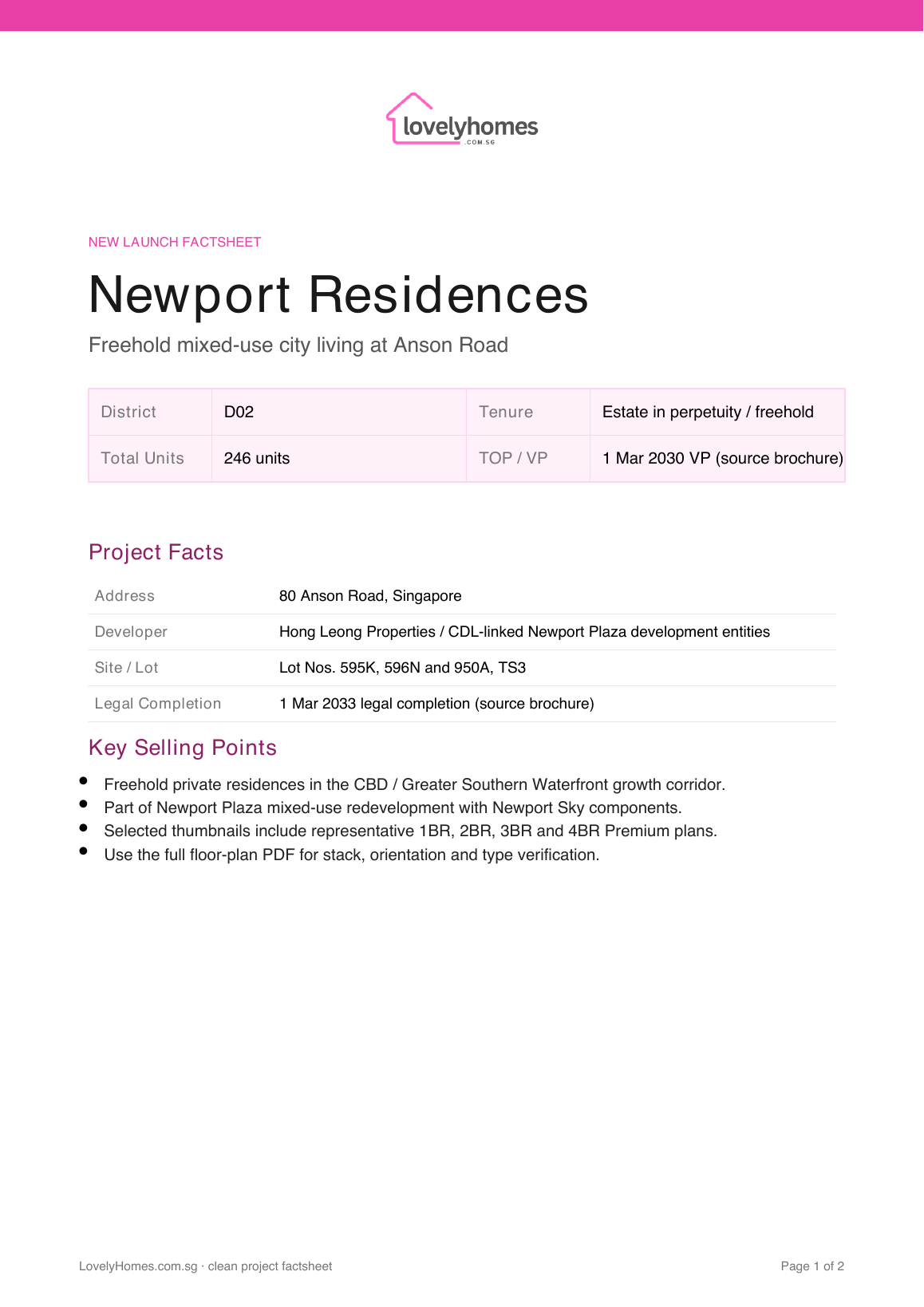Newport Residences LovelyHomes factsheet page 1