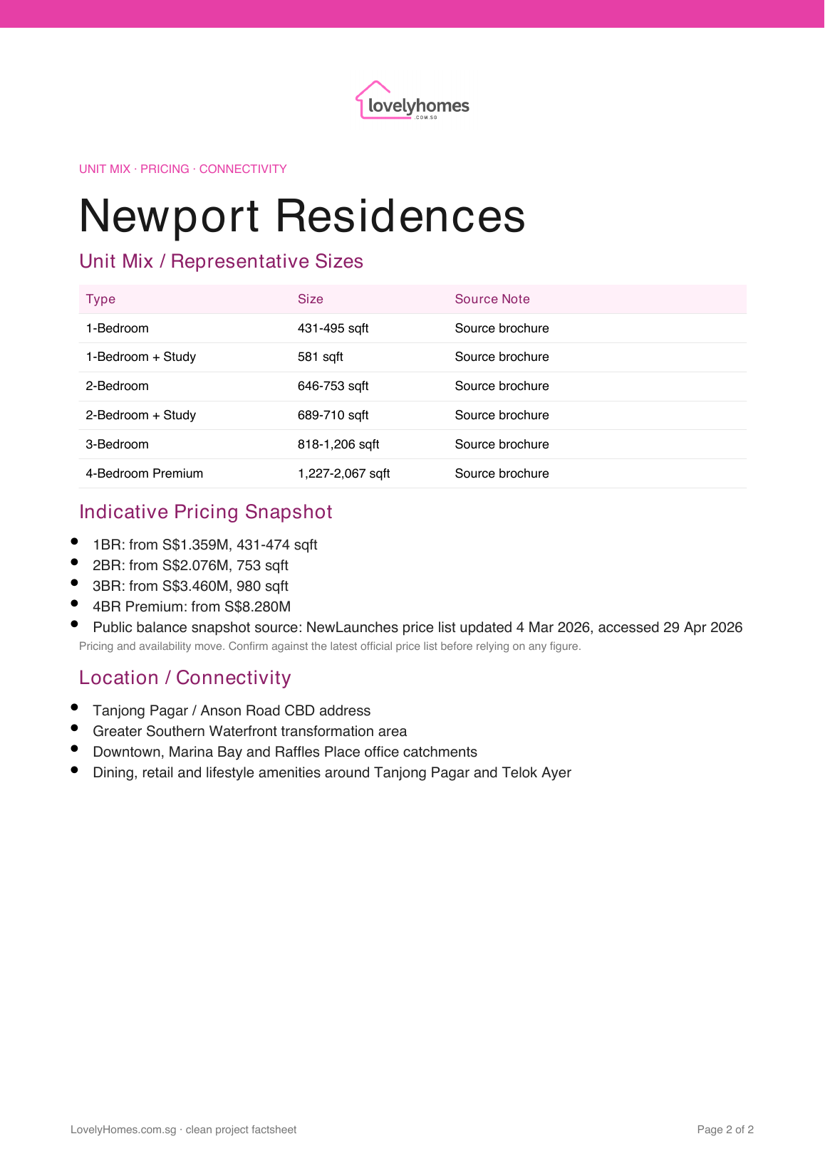 Newport Residences LovelyHomes factsheet page 2