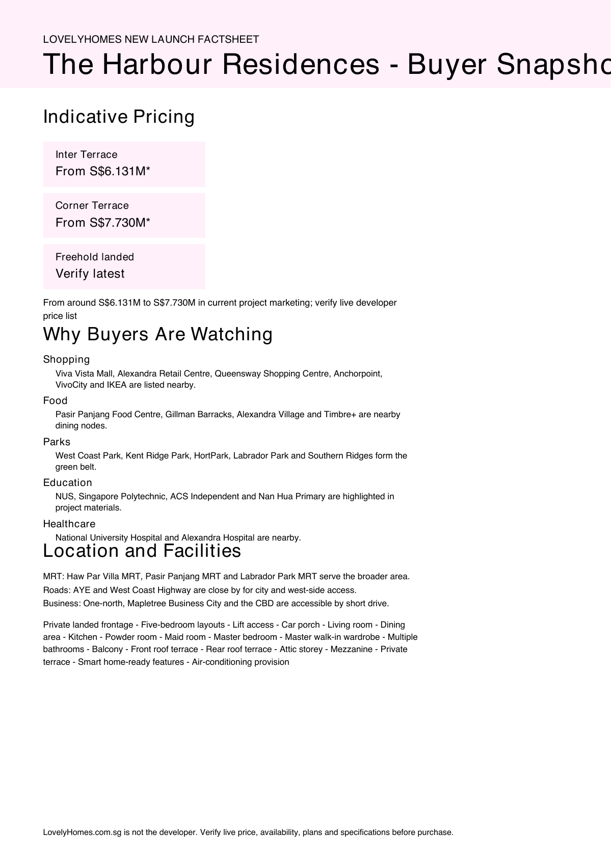 The Harbour Residences factsheet page 2
