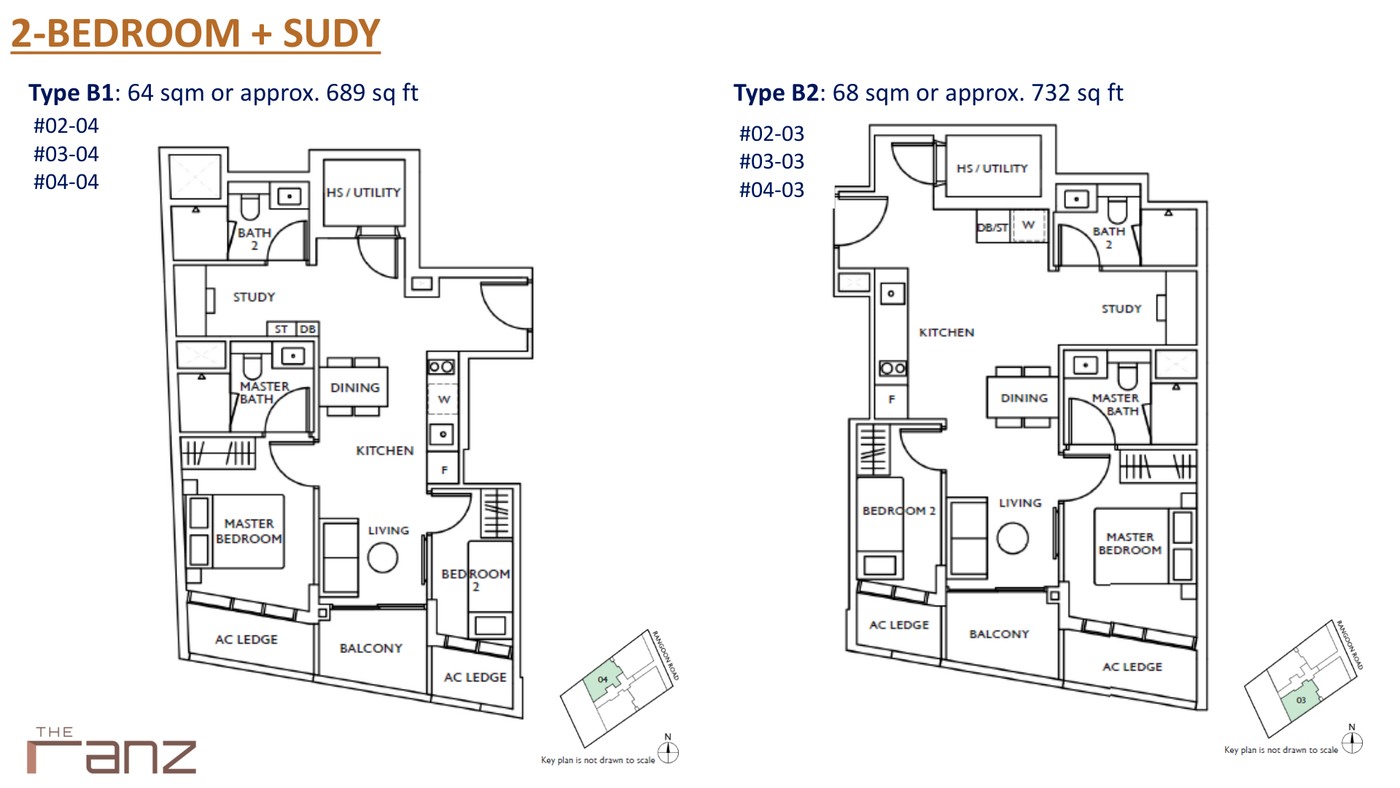 The Ranz 2 Bedroom + Study B1 and B2 floor plan