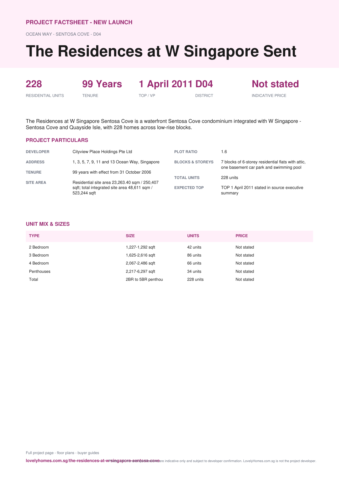 The Residences at W Singapore Sentosa Cove factsheet page 1