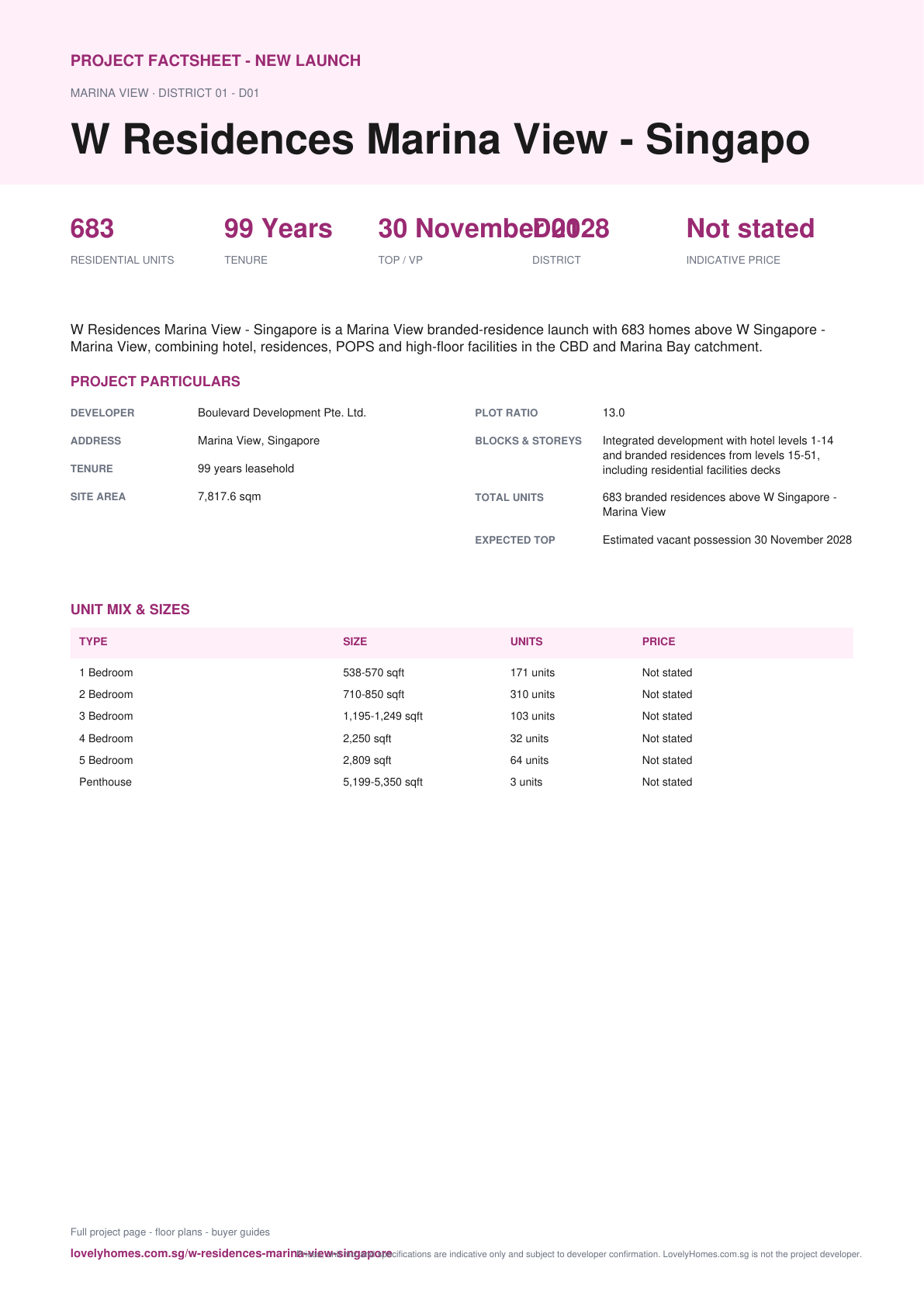 W Residences Marina View - Singapore factsheet page 1