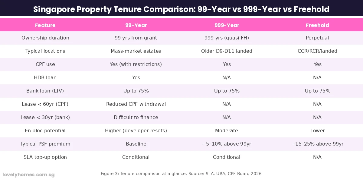 Singapore property tenure comparison table 99-year vs 999-year vs freehold 2026