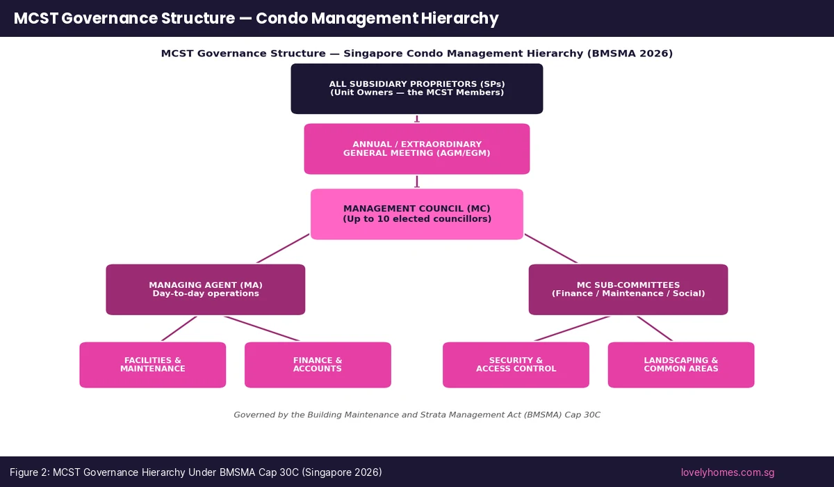 Singapore MCST governance structure Management Council Managing Agent flowchart BMSMA 2026