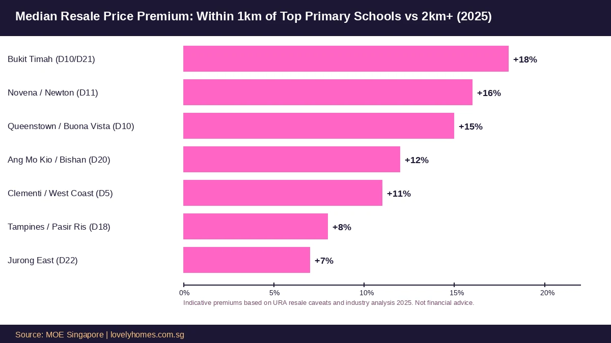 Property price premium near top schools Singapore districts 2025 1km vs 2km