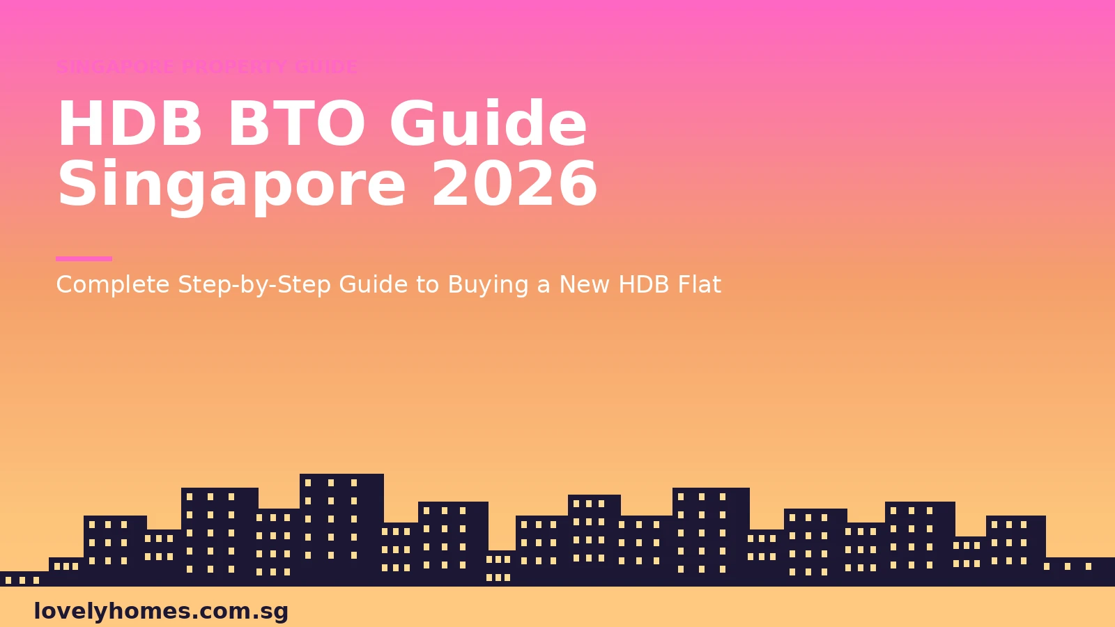 HDB BTO guide Singapore 2026 hero — sunset cityscape infographic