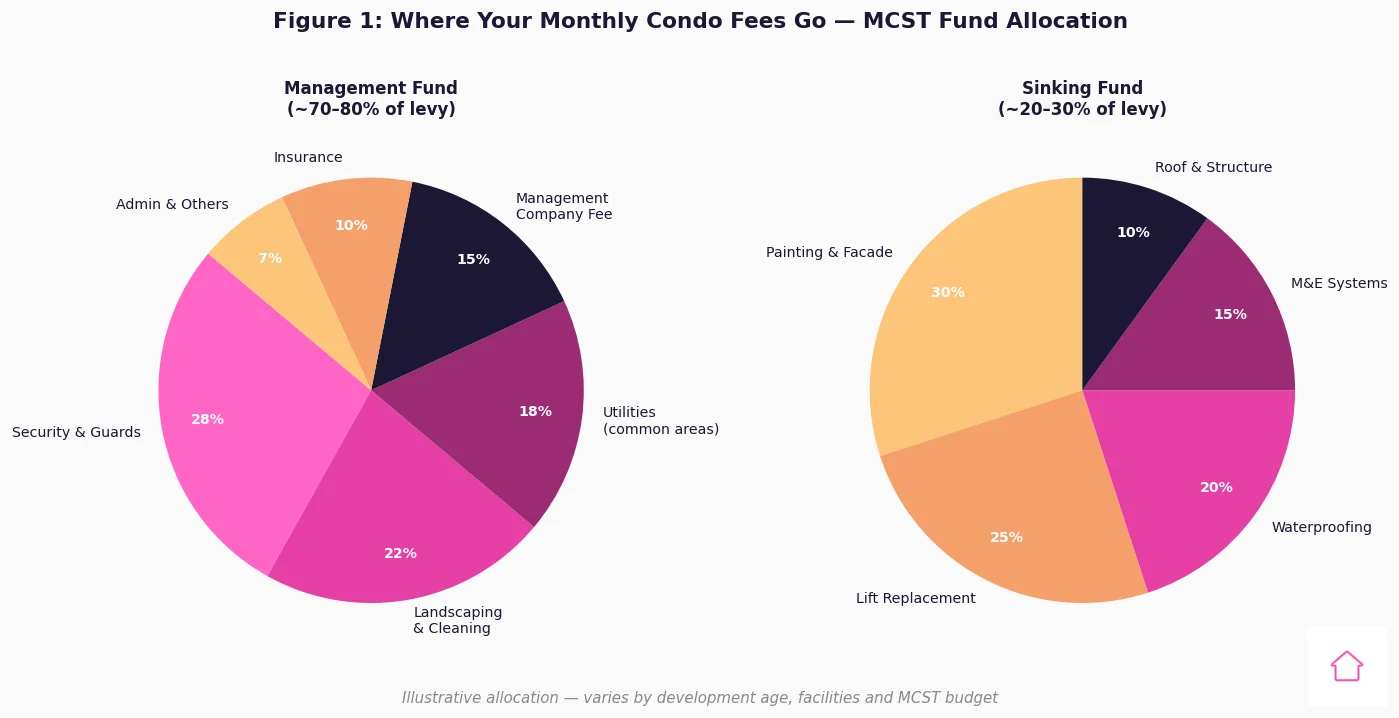 Singapore condo MCST maintenance fees breakdown management fund sinking fund pie chart 2026
